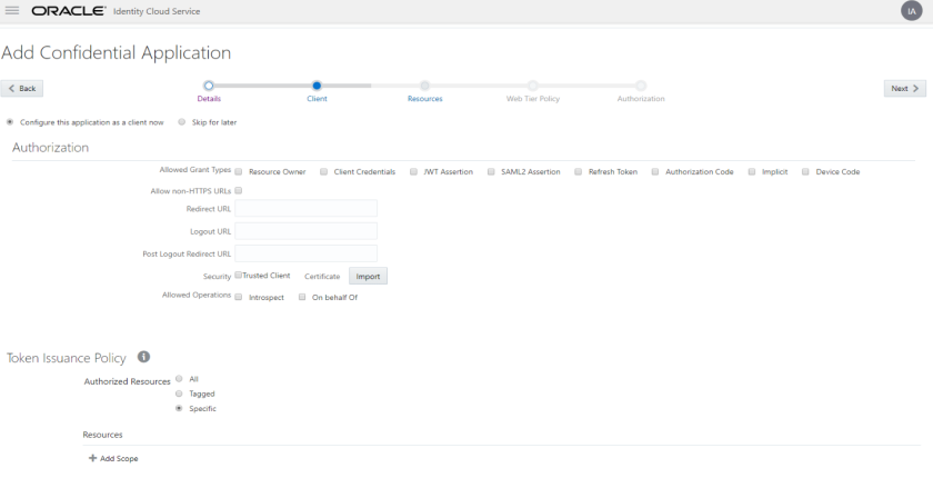 Add Application screen with Client option